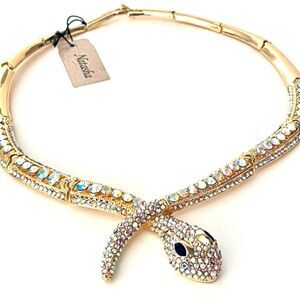 Natasha Couture Rhinestone Snake‎ Necklace- Gold